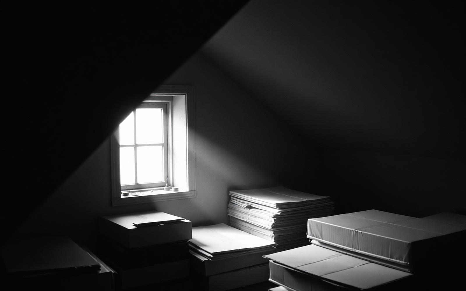 Soft light falling through a small window onto stacked boxes