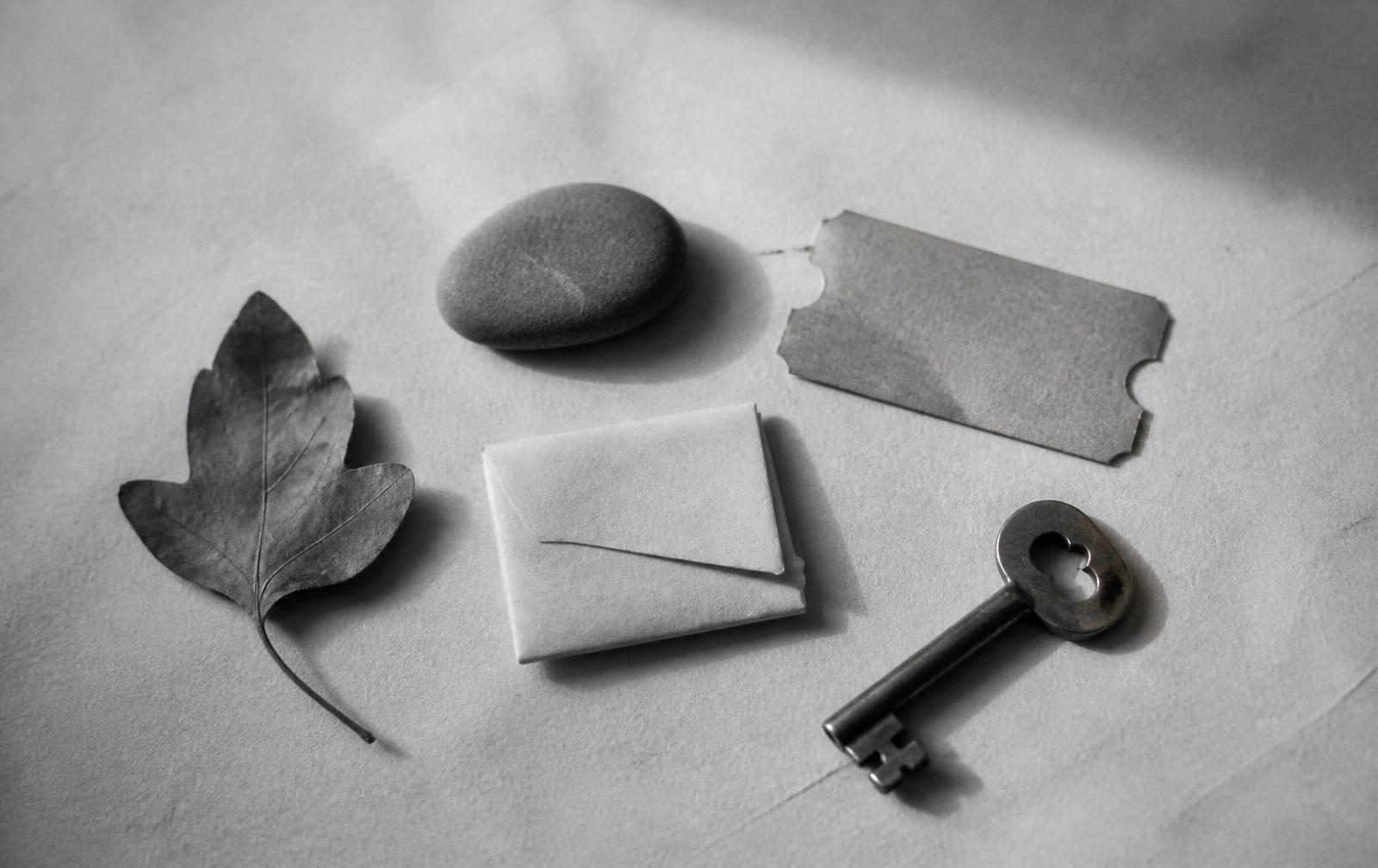 A handful of small objects arranged on pale paper