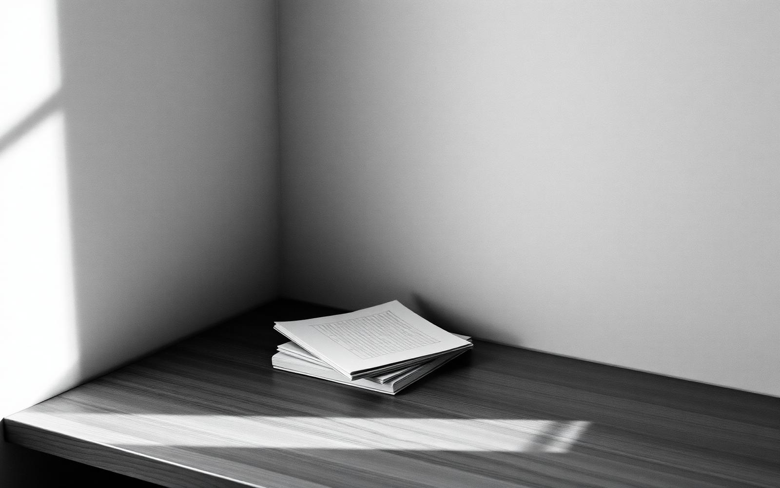 A quiet desk lit from one side, papers stacked in soft focus